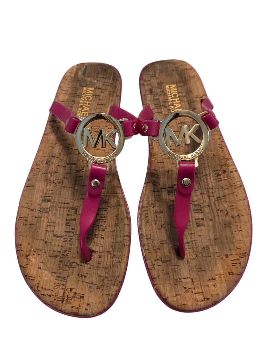 Michael Kors MK Charm Jelly Sandals Logo Cork Thong Flip Flops Pink Size 8